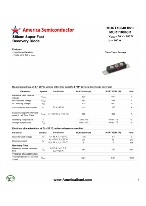 MURT10040 Datasheet PDF America Semiconductor, LLC