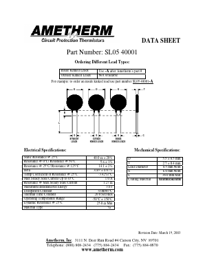 SL0540001 Datasheet PDF AMETHERM Circuit Protection Thermistors