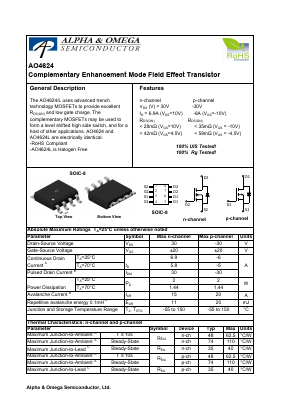 AO4624 Datasheet PDF Alpha and Omega Semiconductor