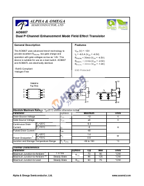 AO8807 Datasheet PDF Alpha and Omega Semiconductor