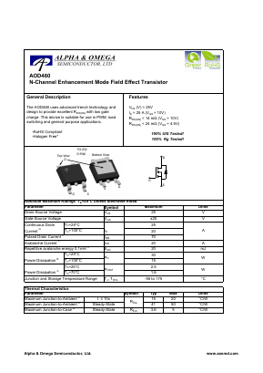 AOD460 Datasheet PDF Alpha and Omega Semiconductor