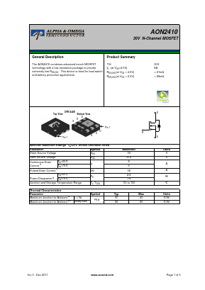 AON2410 Datasheet PDF Alpha and Omega Semiconductor