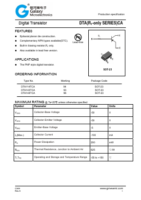 DTA114TCA Datasheet PDF Galaxy Semi-Conductor