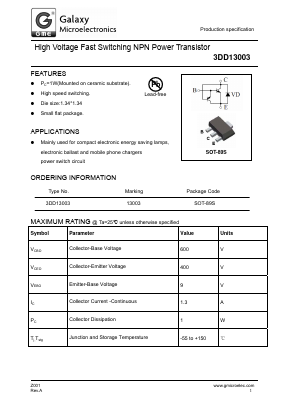 3DD13003 Datasheet PDF Galaxy Semi-Conductor