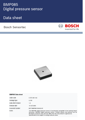 BMP085 Datasheet PDF Bosch Sensortec GmbH