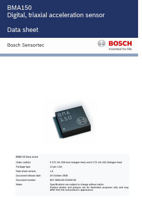 BMA150 Datasheet PDF Bosch Sensortec GmbH