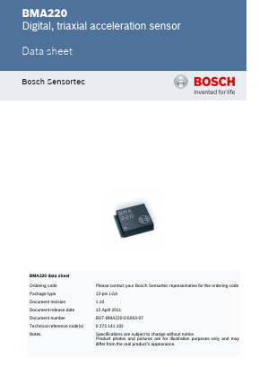 BMA220 Datasheet PDF Bosch Sensortec GmbH