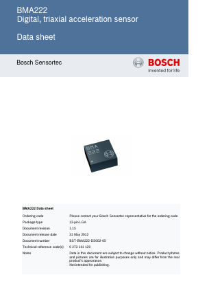 BMA222 Datasheet PDF Bosch Sensortec GmbH