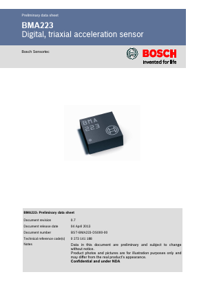 BMA223 Datasheet PDF Bosch Sensortec GmbH