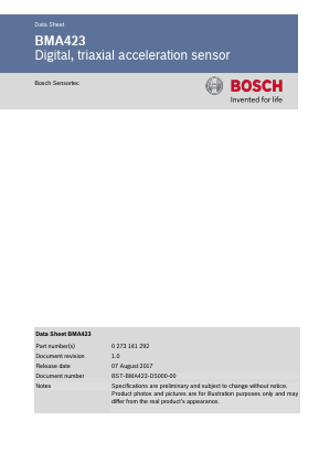 BMA423 Datasheet PDF Bosch Sensortec GmbH