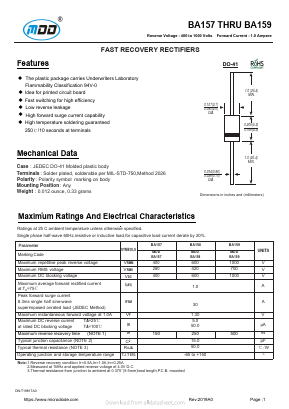BA157 Datasheet PDF Jiangsu Yutai Electronics Co., Ltd