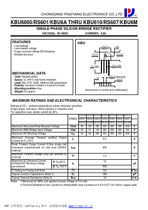 KBU6M Datasheet PDF CHONGQING PINGYANG ELECTRONICS CO.,LTD