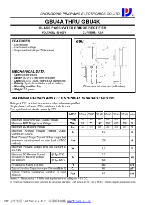 GBU4A Datasheet PDF CHONGQING PINGYANG ELECTRONICS CO.,LTD