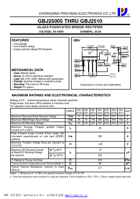 GBJ2501 Datasheet PDF CHONGQING PINGYANG ELECTRONICS CO.,LTD