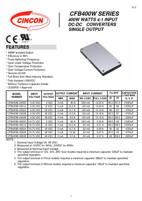 CFB400W-48S28 Datasheet PDF CINCON ELECTRONICS Corporation