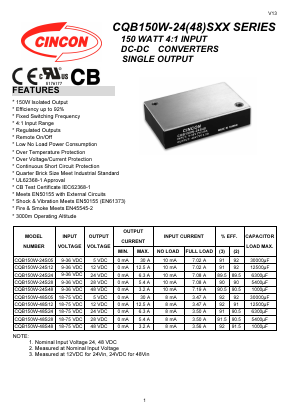 CQB150W-24S05 Datasheet PDF CINCON ELECTRONICS Corporation