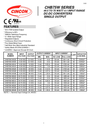 CHB75W Datasheet PDF CINCON ELECTRONICS Corporation
