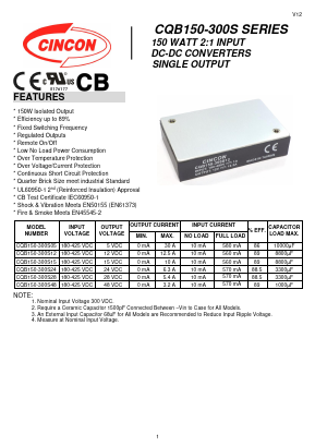 CQB150-300S Datasheet PDF CINCON ELECTRONICS Corporation