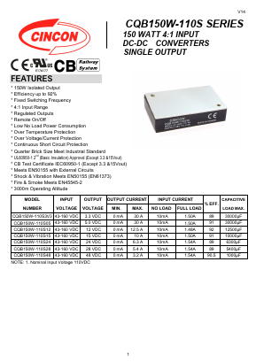 CQB150W-110S Datasheet PDF CINCON ELECTRONICS Corporation