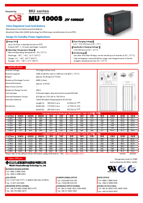 MU1000S Datasheet PDF CSB Battery Co., Ltd.