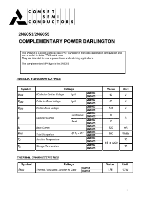 2N6053 Datasheet PDF Comset Semiconductors