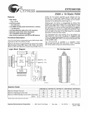 CY7C1041V33-17VC Datasheet PDF Cypress Semiconductor