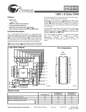CY7C1018V33 Datasheet PDF Cypress Semiconductor
