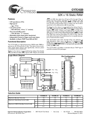 CY7C1020 Datasheet PDF Cypress Semiconductor