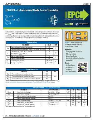 EPC8009 Datasheet PDF Efficient Power Conversion Corporation.