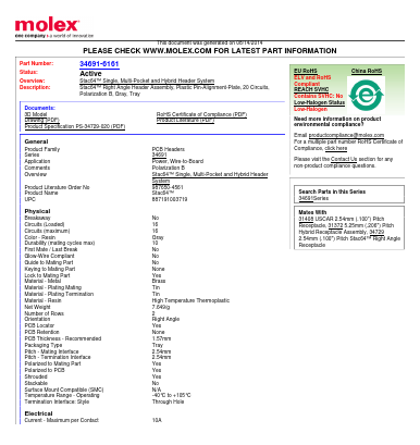 34691-6161 Datasheet PDF Molex Connectors