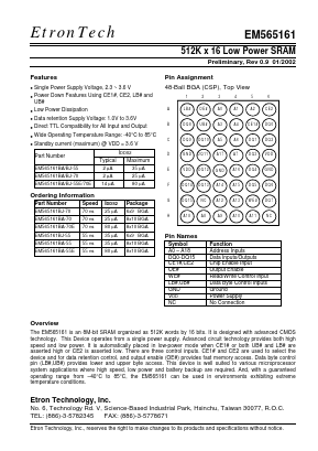 EM565161BA-70 Datasheet PDF Etron Technology