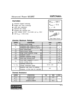 SSP1N60A Datasheet PDF Fairchild Semiconductor