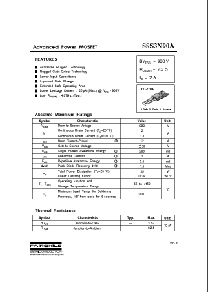 SSS3N90A Datasheet PDF Fairchild Semiconductor