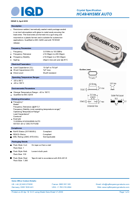 HC49-4HSMX-AUTO Datasheet PDF IQD Frequency Products Ltd