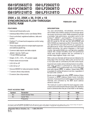 IS61LF25632T-9TQ Datasheet PDF Integrated Silicon Solution
