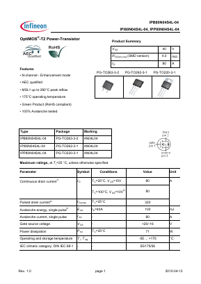 IPB80N04S4L-04 Datasheet PDF Infineon Technologies