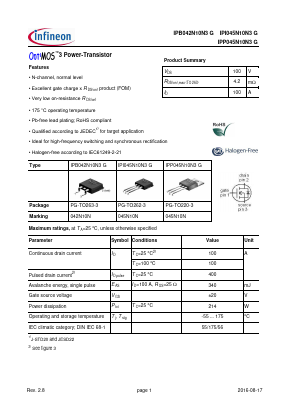 IPP045N10N3G Datasheet PDF Infineon Technologies