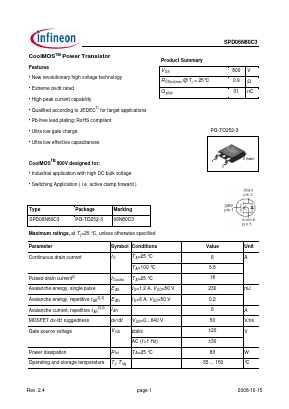 SPD06N80C3 Datasheet PDF Infineon Technologies