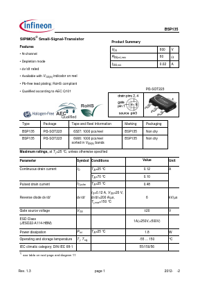 BSP135H6433XTMA1 Datasheet PDF Infineon Technologies