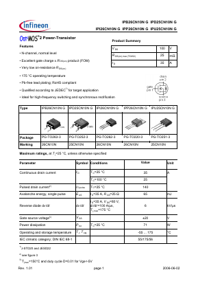 IPP26CN10N Datasheet PDF Infineon Technologies