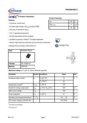 IPA030N10N3G Datasheet PDF Infineon Technologies