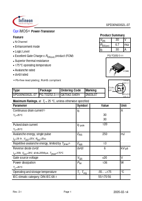SPD30N03S2L-07 Datasheet PDF Infineon Technologies
