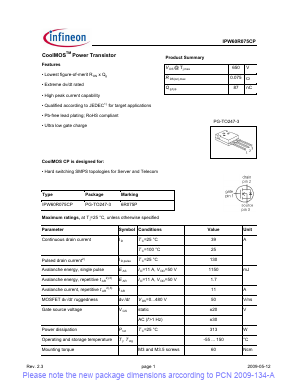 IPW60R075CP Datasheet PDF Infineon Technologies