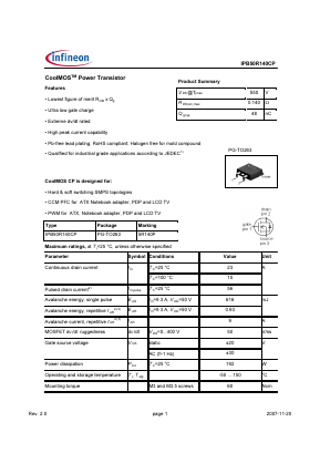 IPB50R140CP Datasheet PDF Infineon Technologies