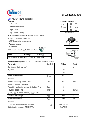 SPD50N03S2L Datasheet PDF Infineon Technologies