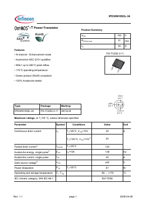 IPD30N10S3L-34 Datasheet PDF Infineon Technologies