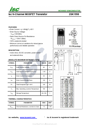 2SK1998 Datasheet PDF Inchange Semiconductor