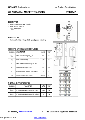 2SK1142 Datasheet PDF Inchange Semiconductor