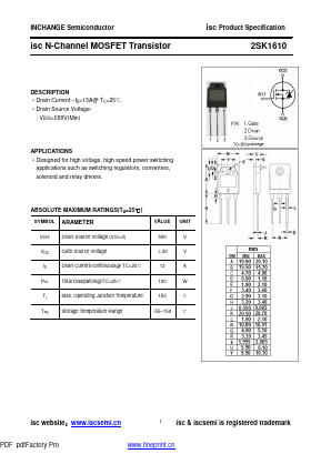 2SK1610 Datasheet PDF Inchange Semiconductor