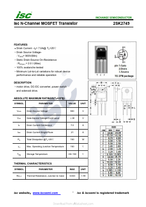 K2749 Datasheet PDF Inchange Semiconductor
